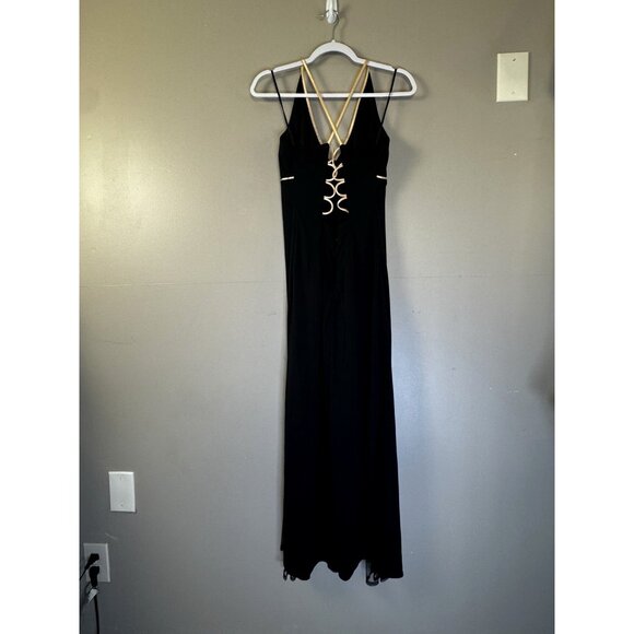 Dave & Johnny Y2K Vtg 90s 13/14 Black Babydoll Dress Gold Accent Maxi Whimsigoth - Picture 4 of 15